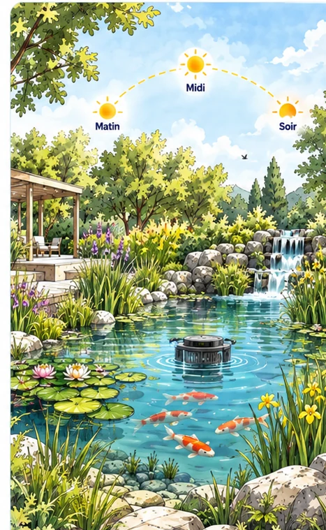 Bassin exposé au soleil avec SwimSkim au centre