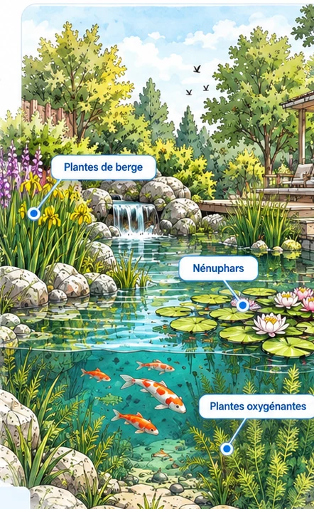 Bassin végétalisé avec plantes aquatiques, poissons et carpes koïs
